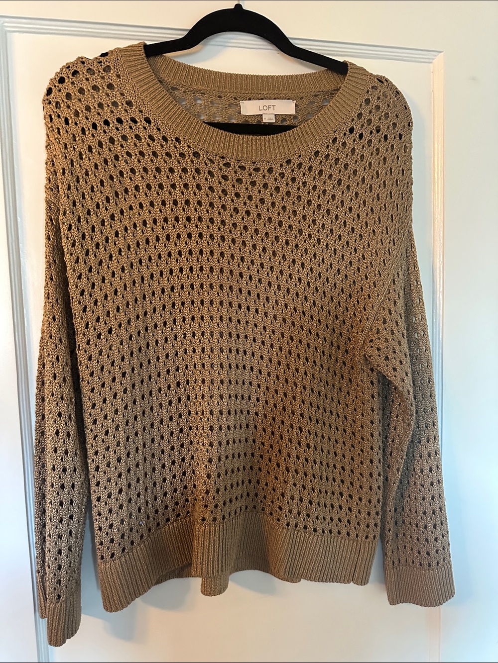 LOFT Open-Knit Crewneck Sweater in Camel